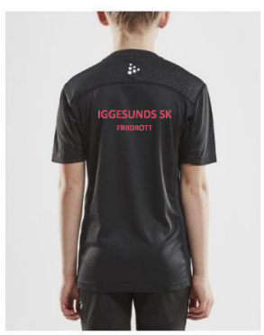 Svart t-shirt sedd bakifrn med texten Iggesunds SK Friidrott i rosa p ryggen.